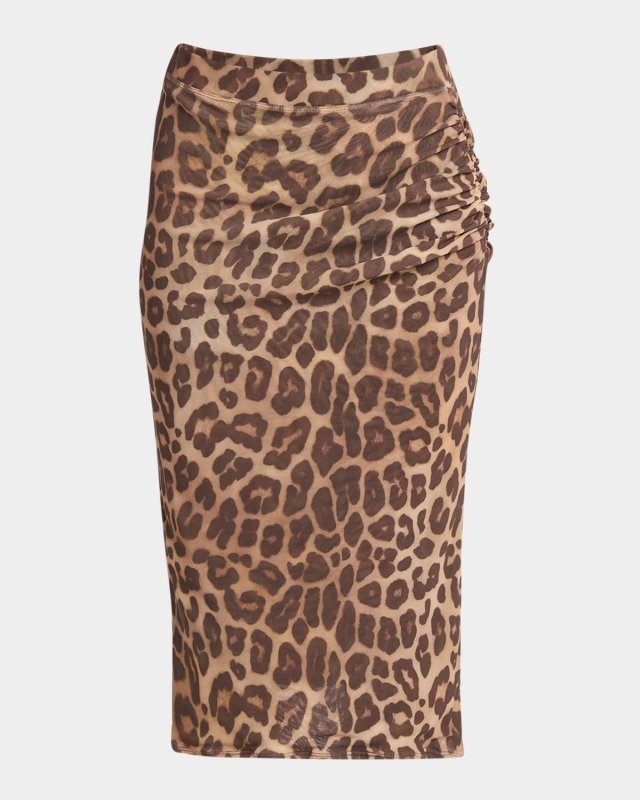 Leopard-Print Mesh Ruched Skirt
